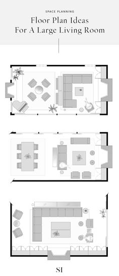 the floor plan for a large living room with two couches and a dining table