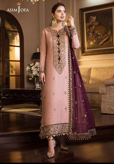 Cotton Silk Dress, Pakistani Designer Clothes, Asim Jofa, Eid Dresses, Embroidered Chiffon, Embroidered Border, Party Kleidung, Chiffon Dupatta, Indian Wedding Dress