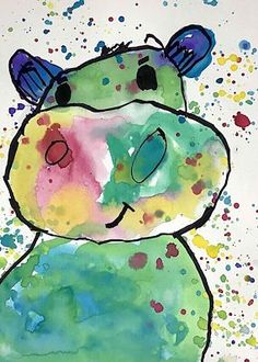 a drawing of a hippo with paint splatters on it's face