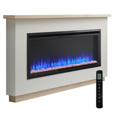 an electric fireplace with blue flames and remote control on the wall, in front of a white background