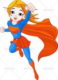 supergirl flying in the air with her red cape and blue shirt, she is dressed as