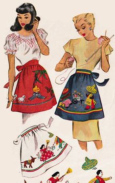 two women wearing aprons and dresses with cartoon characters on the front, one holding a knitting needle