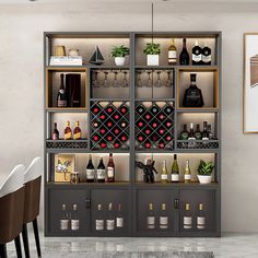 a wine rack with bottles and glasses on it in the middle of a dining room