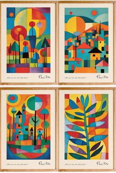 four paintings with different shapes and colors