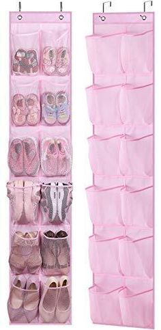 a pink hanging shoe rack with several pairs of shoes in it and two bags on the bottom