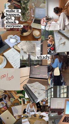 a collage of photos with people working on laptops and writing in notebooks