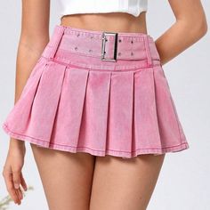 Brand New- Never Worn! I’m Selling This For The Same Price I Bought It Off Of Shein- It Is Great Quality Just Too Short For Me (I’m 5’11). There Are No Built-In Shorts And The Belt Is Removable. Belt Mini Skirt, Pleated Denim Mini Skirt, Shein Skirts, Buckle Skirt, Black Sequin Skirt, Pink Pleated Skirt, Pleated Denim, Female Outfits, Color Block Skirt