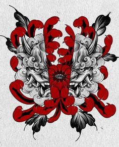 an artistic design with red flowers and leaves