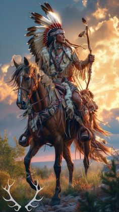 a native american man riding on the back of a brown horse with an arrow in his hand