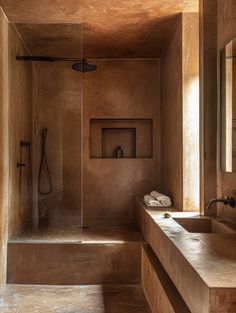 Earthy Terra Cotta Shower Makeover Saltillo Tile Bathroom, Shower Tiles, Tadelakt Bathroom, Terracotta Bathroom Tiles, Desert Bathroom, Walk In Bathroom Showers