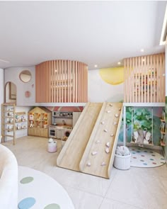 a child's play room with a slide and climbing wall in the corner,