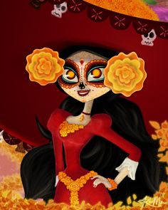 a digital painting of a woman with flowers in her hair and day of the dead makeup