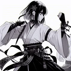 an anime character with black hair and white clothes holding two swords in one hand while standing next to another