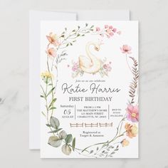 a watercolor swan and flowers birthday party card