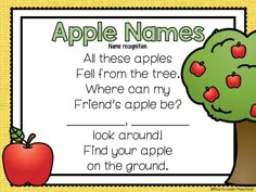 an apple tree with apples on it and the words, name recognition all these apples fell from the tree where can my friend's apple be?