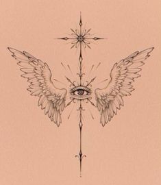 an all seeing eye with wings on top of a cross and star tattoo designs, angel tattoos