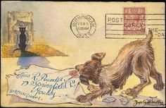 an old postcard with a dog and cat on it's back, in front of a postage stamp