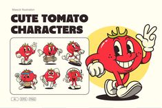 the character sheet for cute tomato characters is shown in various poses and positions, including hands and feet