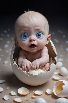 a baby in an egg shell with blue eyes looking up at the camera, surrounded by eggshells