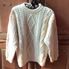 Authentic British Wool, New From Ireland. Size Small. Creamy Ivory. Classic Chunky Knit Cream Sweater, Classic Cream Chunky Knit Sweater, Cream Chunky Knit Classic Sweater, Classic White Chunky Knit Sweater, White Classic Chunky Knit Sweater, Irish Sweaters, Irish Wool Sweaters, Irish Fisherman, Irish Sweater