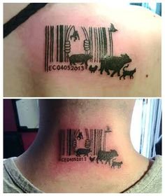 two pictures of people with tattoos on their neck and chest, one showing the barcode