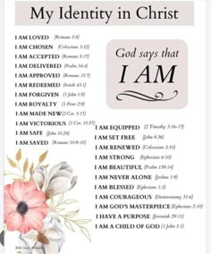 a poster with the words,'my identity in christ'and an image of flowers