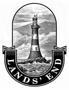 a black and white image of a lighthouse with the words land's end on it