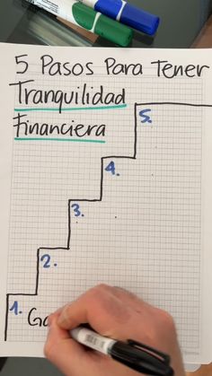 a hand is holding a pen and pointing to a graph on paper with five steps