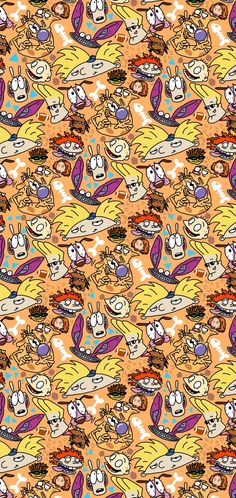 an orange background with cartoon characters on it