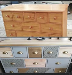 two pictures side by side showing different drawers and the same one with knobs on it