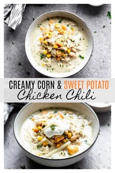 two bowls of creamy corn and sweet potato chicken chili with sour cream in the middle