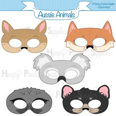 four masks with different colors and designs for the animal mask templates, including one cat,