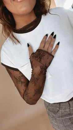 Hopeless Romantic Sheer Lace Long Sleeve Top, Brown Lace Turtleneck Top Outfit, Brown Lace Top Outfit, Long Sleeve Lace Shirt Outfit, Lace Long Sleeve Top Outfit Layered, Lace Top Under Shirt, Lace Undershirt Outfit Long Sleeve, Lace Top Aesthetic, Undershirt Outfit Long Sleeve, White Lace Top Outfit