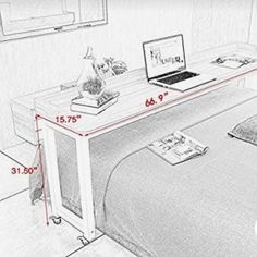 a drawing of a bed with a laptop on it and measurements for the headboard