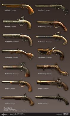 Some of the weapons I've done during my 4 months at Ubisoft Annecy. It was really fun to do, so thanks to the character team for giving me the opportunity to work on this. Navi A Vela, Pirates Life, Pirate Art, Apocalypse Survival, Wheel Lock, Pirate Life, Black Flag, Assassin’s Creed, Pirate Ship