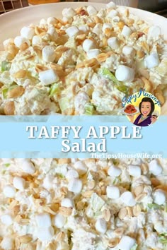 The photo shows a bowl of taffy apple salad with marshmallows and other assorted ingredients. The brightly colored banner displays the name of the recipe, "Taffy Apple Salad." Taffy Apple Salad, Marshmallow Salad, Fluffy Marshmallows, Taffy Apple, Tipsy Housewife, Apple Salad Recipes, Fluff Desserts, Apple Salad, Ice Cream Toppings