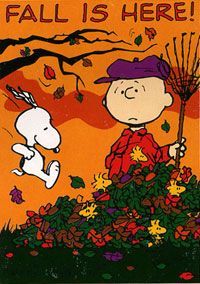 a charlie brown thanksgiving card with a cartoon character holding a broom in front of a tree