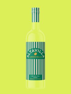 a bottle of lemonade on a yellow background with the label in green and white stripes