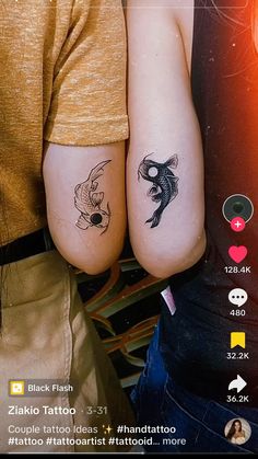 two people with matching tattoos on their arms