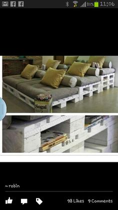 there are two pictures of a couch made out of pallets