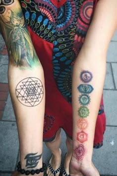 two people with matching tattoos on their arms