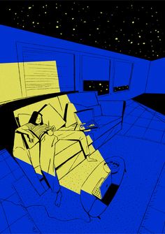 a blue and yellow drawing of a person laying on a bed in the middle of a room