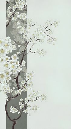 an artistic painting of white flowers on a gray and white striped background