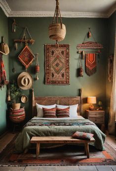 a bed sitting in a bedroom next to a wall with pictures hanging on the walls