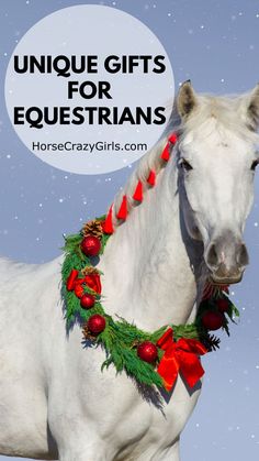 A white horse wearing a wreath around its neck. The text on the screen says Unique Gifts For Equestrians Horse Themed Gifts, Equestrian Christmas List, Diy Gifts For Horse Lovers, Diy Horse Gifts, Horse Lover Gifts Diy