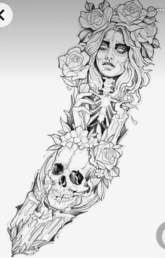 a drawing of a woman with flowers on her head and skull in the foreground