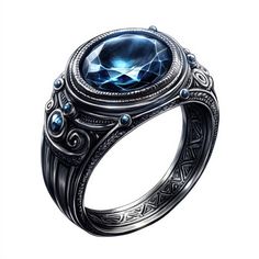 a ring with a blue stone in the center and an intricate design on it's side