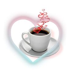 a cup of coffee with hearts floating out of it on a plate in the shape of a heart