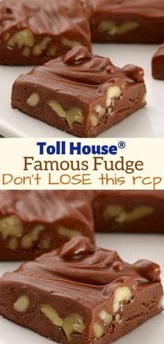 chocolate fudge bars on a white plate with the words toll house written above them