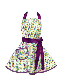 an apron with purple straps and polka dots on the front, is shown in color